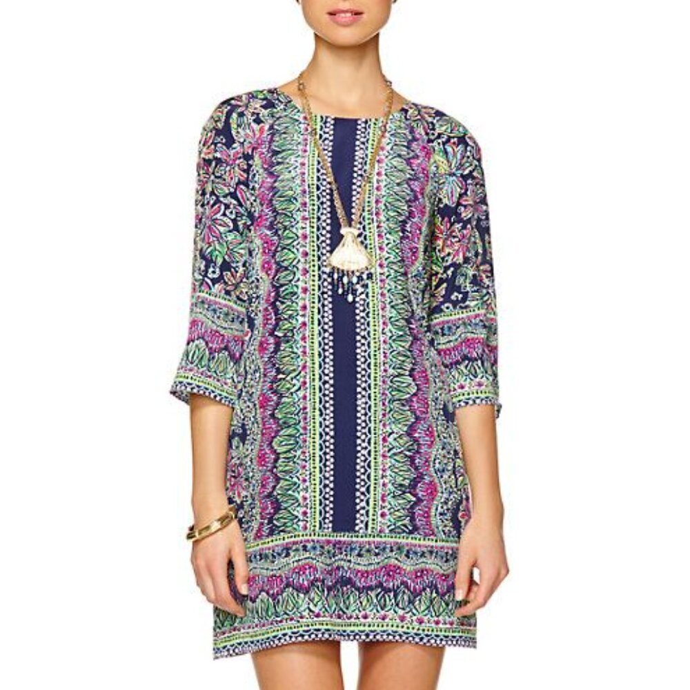Lilly Pulitzer Rylee Silk Shift Dress Navy Floral Sz 4
